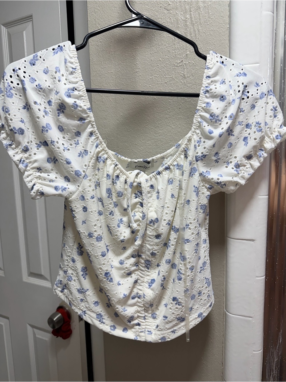 Women's Cream Eyelet Blouse with Light Blue Floral Print